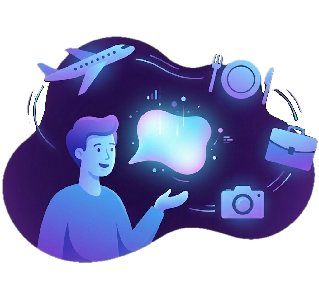 Illustration of a learner surrounded by travel, work, and conversation symbols