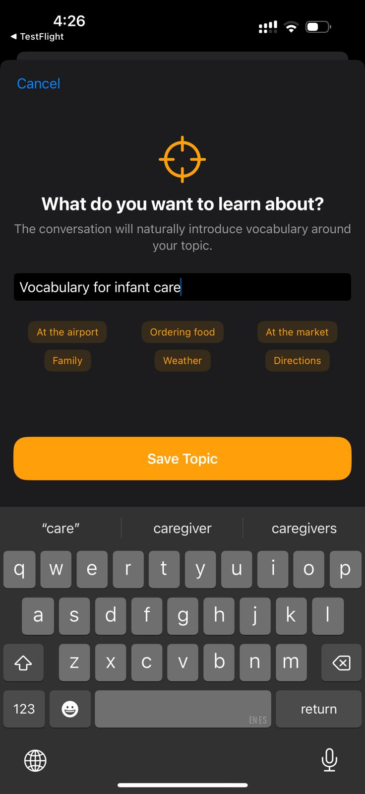 Topics screen from Mersivia